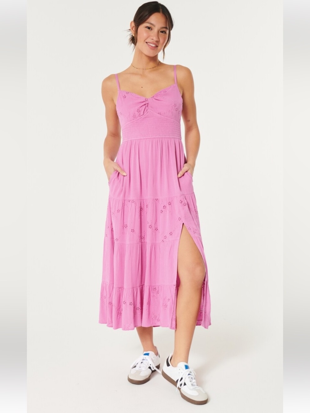 Hollister Pink Eyelet Tiered Maxi Dress with Side Slit
